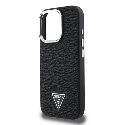 Apple iPhone 15 Pro Max Kılıf Guess Orjinal Lisanslı M-safe Şarj Özellikli Grained Triangle Kapak Siyah
