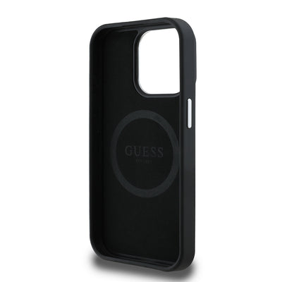 Apple iPhone 15 Pro Max Kılıf Guess Orjinal Lisanslı M-safe Şarj Özellikli Grained Triangle Kapak Siyah