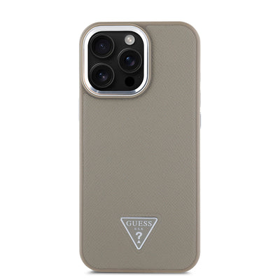 Apple iPhone 15 Pro Max Kılıf Guess Orjinal Lisanslı M-safe Şarj Özellikli Grained Triangle Kapak Siyah