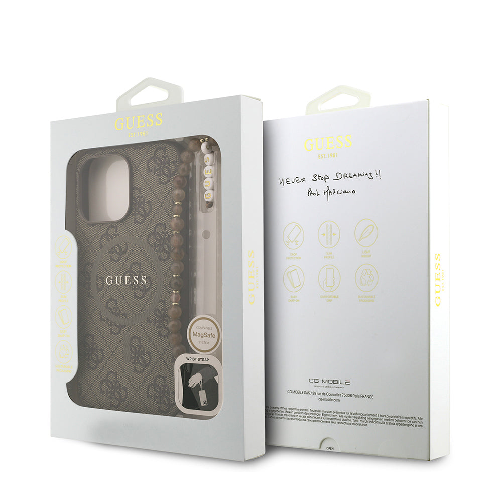 iPhone 15 Pro Max Kılıf Guess Orjinal Lisanslı M-safe Şarj Özellikli PU Deri Bilek Askı İpli Yazı Logolu Kılıf