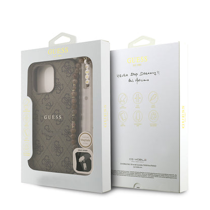 iPhone 15 Pro Max Kılıf Guess Orjinal Lisanslı M-safe Şarj Özellikli PU Deri Bilek Askı İpli Yazı Logolu Kılıf