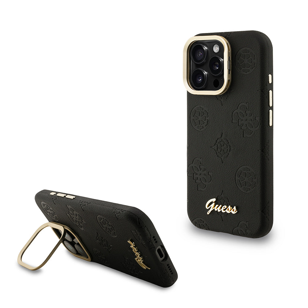 iPhone 15 Pro Max Kılıf Guess Orjinal Lisanslı M-safe Şarj Özellikli Sıcak Baskılı Yazı Logolu Kamera Standlı PU Deri Peony Kılıf