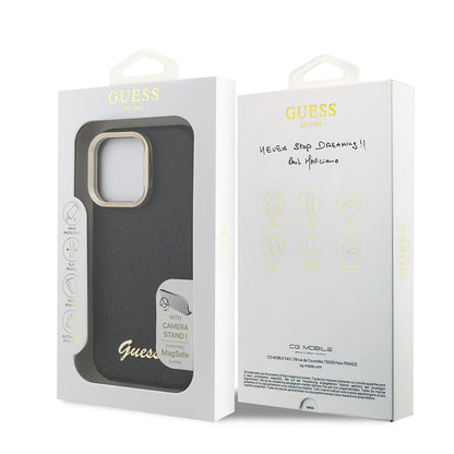 iPhone 15 Pro Max Kılıf Guess Orjinal Lisanslı M-safe Şarj Özellikli Sıcak Baskılı Yazı Logolu Kamera Standlı PU Deri Peony Kılıf