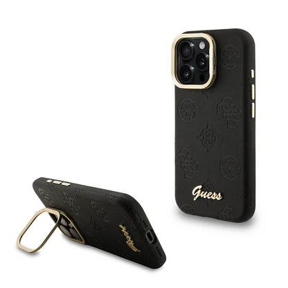 iPhone 15 Pro Max Kılıf Guess Orjinal Lisanslı M-safe Şarj Özellikli Sıcak Baskılı Yazı Logolu Kamera Standlı PU Deri Peony Kılıf