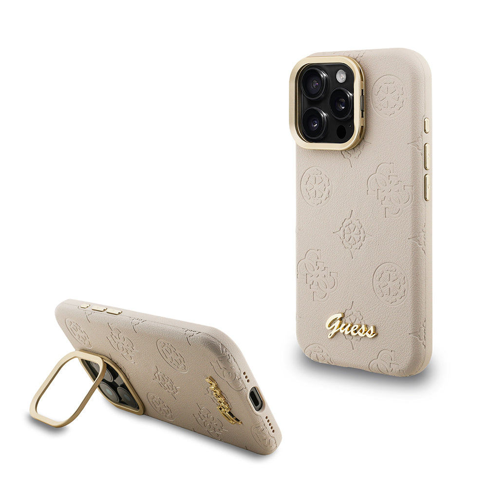 iPhone 15 Pro Max Kılıf Guess Orjinal Lisanslı M-safe Şarj Özellikli Sıcak Baskılı Yazı Logolu Kamera Standlı PU Deri Peony Kılıf