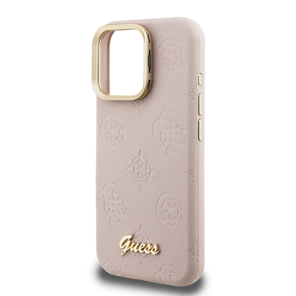 iPhone 15 Pro Max Kılıf Guess Orjinal Lisanslı M-safe Şarj Özellikli Sıcak Baskılı Yazı Logolu Kamera Standlı PU Deri Peony Kılıf