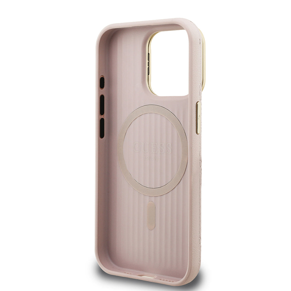 iPhone 15 Pro Max Kılıf Guess Orjinal Lisanslı M-safe Şarj Özellikli Sıcak Baskılı Yazı Logolu Kamera Standlı PU Deri Peony Kılıf