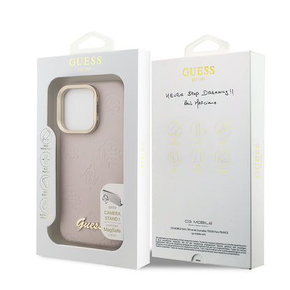 iPhone 15 Pro Max Kılıf Guess Orjinal Lisanslı M-safe Şarj Özellikli Sıcak Baskılı Yazı Logolu Kamera Standlı PU Deri Peony Kılıf