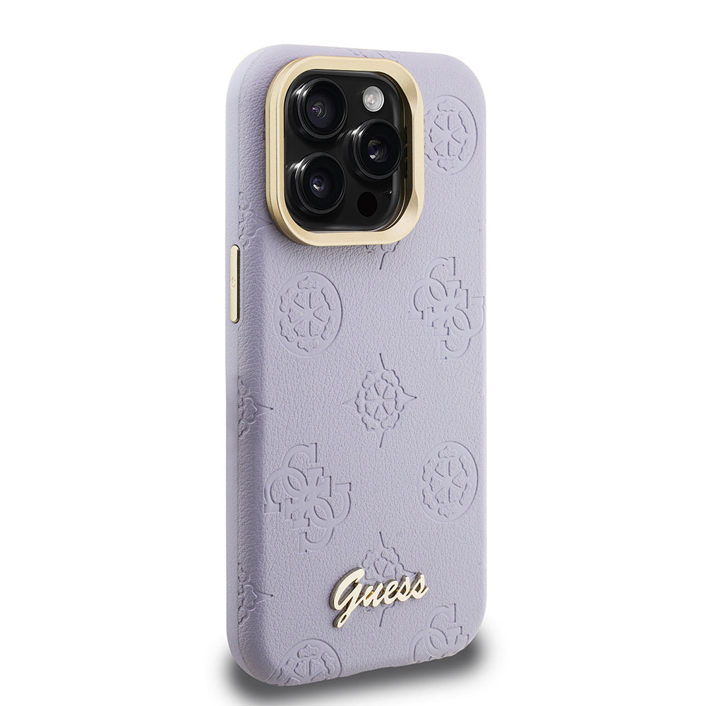 iPhone 15 Pro Max Kılıf Guess Orjinal Lisanslı M-safe Şarj Özellikli Sıcak Baskılı Yazı Logolu Kamera Standlı PU Deri Peony Kılıf