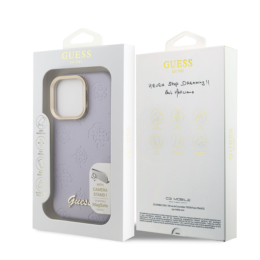 iPhone 15 Pro Max Kılıf Guess Orjinal Lisanslı M-safe Şarj Özellikli Sıcak Baskılı Yazı Logolu Kamera Standlı PU Deri Peony Kılıf