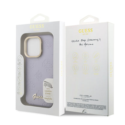 iPhone 15 Pro Max Kılıf Guess Orjinal Lisanslı M-safe Şarj Özellikli Sıcak Baskılı Yazı Logolu Kamera Standlı PU Deri Peony Kılıf