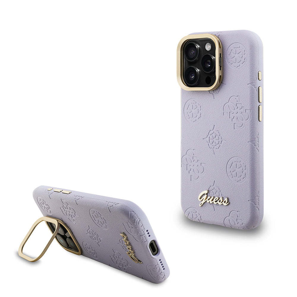 iPhone 15 Pro Max Kılıf Guess Orjinal Lisanslı M-safe Şarj Özellikli Sıcak Baskılı Yazı Logolu Kamera Standlı PU Deri Peony Kılıf