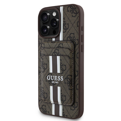 Apple iPhone 15 Pro Max Kılıf Guess Orjinal Lisanslı M-safe Şarj Özellikli 4G Desenli Çizgili Kartlıklı Kapak Kahverengi