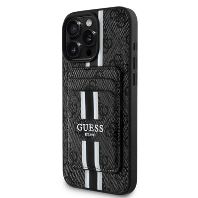 Apple iPhone 15 Pro Max Kılıf Guess Orjinal Lisanslı M-safe Şarj Özellikli 4G Desenli Çizgili Kartlıklı Kapak Kahverengi