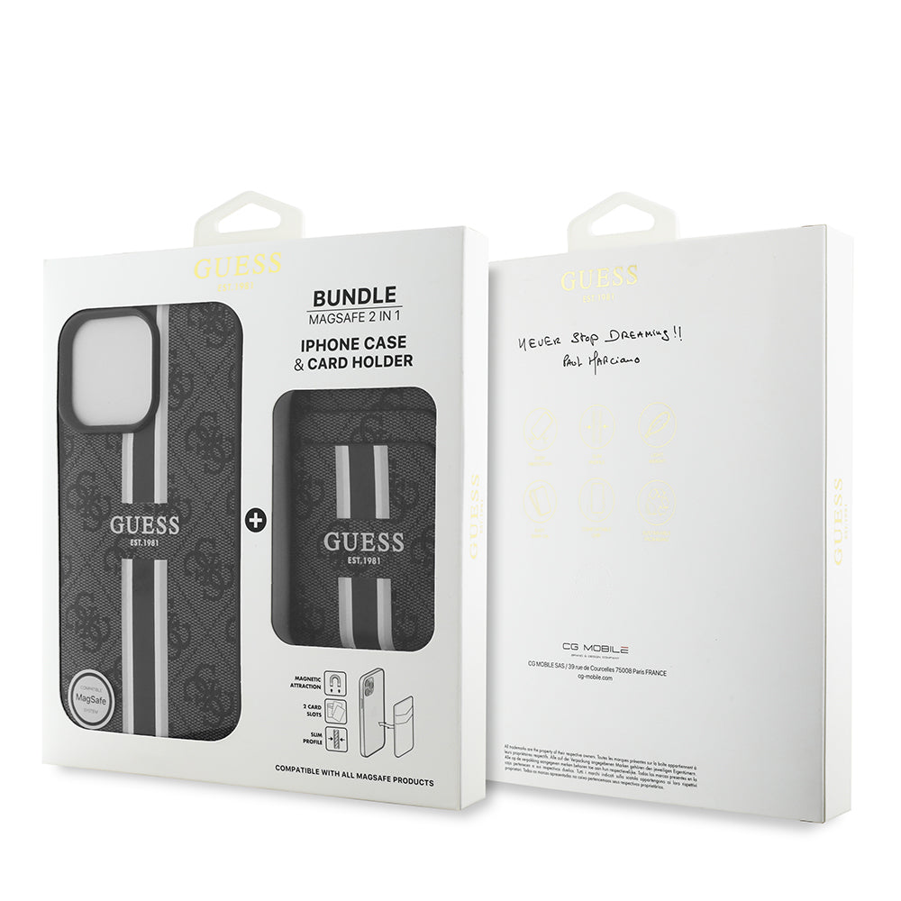 iPhone 15 Pro Max Kılıf Guess Orjinal Lisanslı M-safe Şarj Özellikli 4G Desenli Çizgili Kartlıklı Kılıf