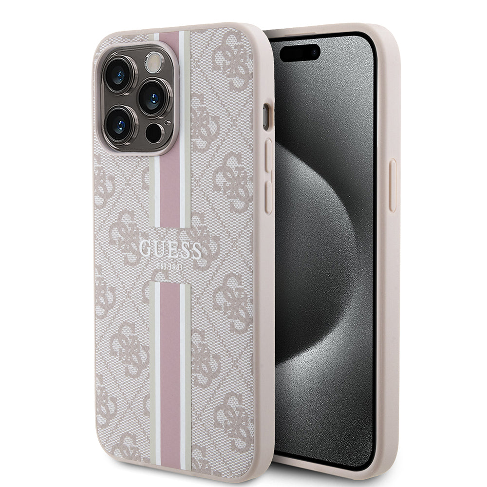 Apple iPhone 15 Pro Max Kılıf Guess Orjinal Lisanslı Magsafe Şarj Özellikli 4G Şerit Tasarımlı Printed Kapak Siyah
