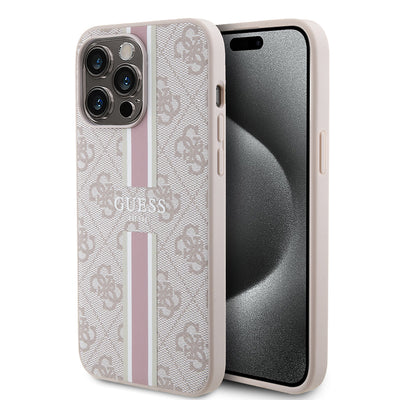 Apple iPhone 15 Pro Max Kılıf Guess Orjinal Lisanslı Magsafe Şarj Özellikli 4G Şerit Tasarımlı Printed Kapak Siyah