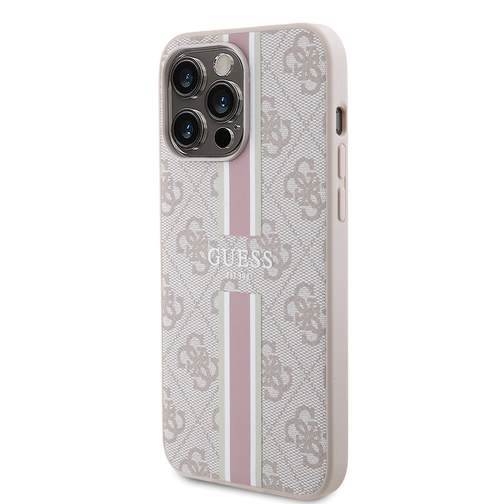 Apple iPhone 15 Pro Max Kılıf Guess Orjinal Lisanslı Magsafe Şarj Özellikli 4G Şerit Tasarımlı Printed Kapak Siyah