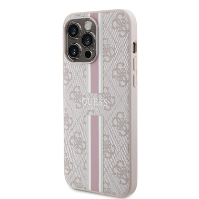 Apple iPhone 15 Pro Max Kılıf Guess Orjinal Lisanslı Magsafe Şarj Özellikli 4G Şerit Tasarımlı Printed Kapak Siyah