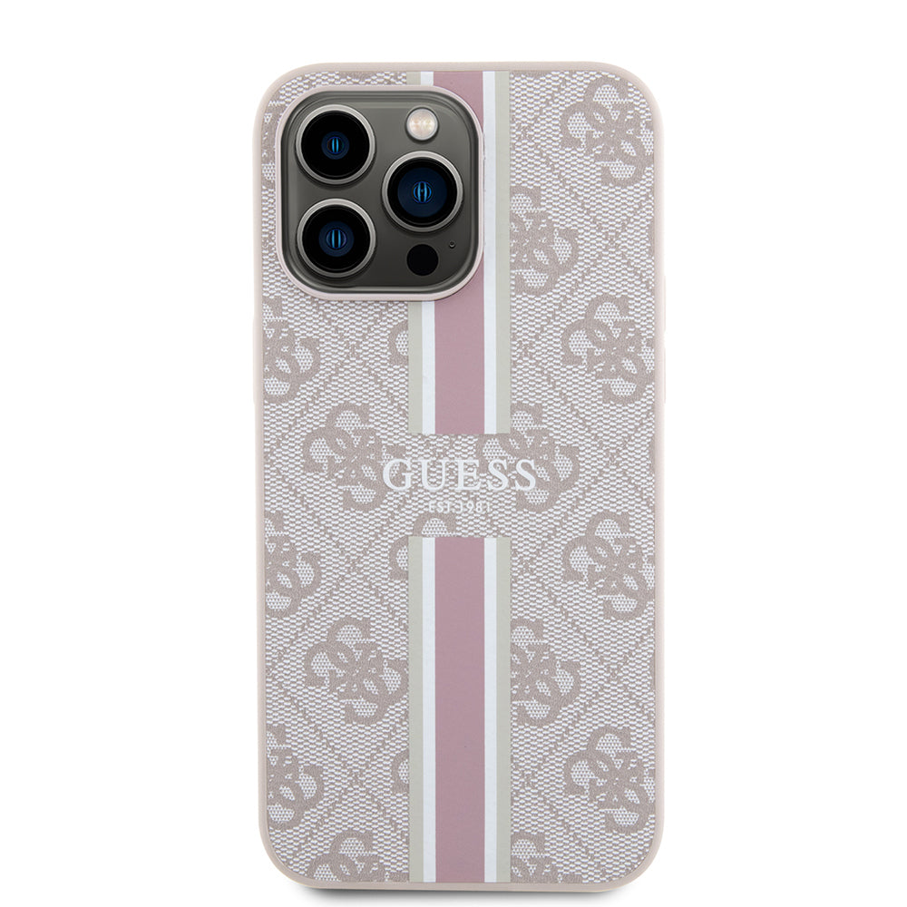 Apple iPhone 15 Pro Max Kılıf Guess Orjinal Lisanslı Magsafe Şarj Özellikli 4G Şerit Tasarımlı Printed Kapak Siyah
