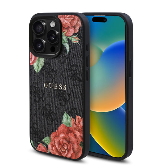iPhone 15 Pro Max Kılıf Guess Orjinal Lisanslı M-safe Şarj Özellikli Gül Baskılı 4G Desenli Yazı Logolu Kılıf
