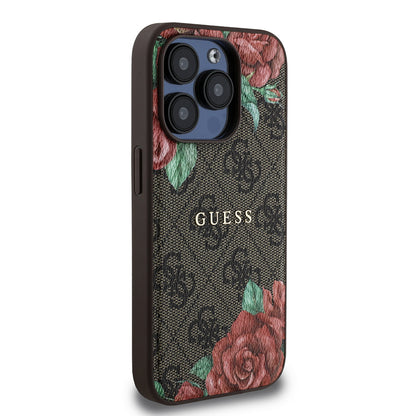 iPhone 15 Pro Max Kılıf Guess Orjinal Lisanslı M-safe Şarj Özellikli Gül Baskılı 4G Desenli Yazı Logolu Kılıf