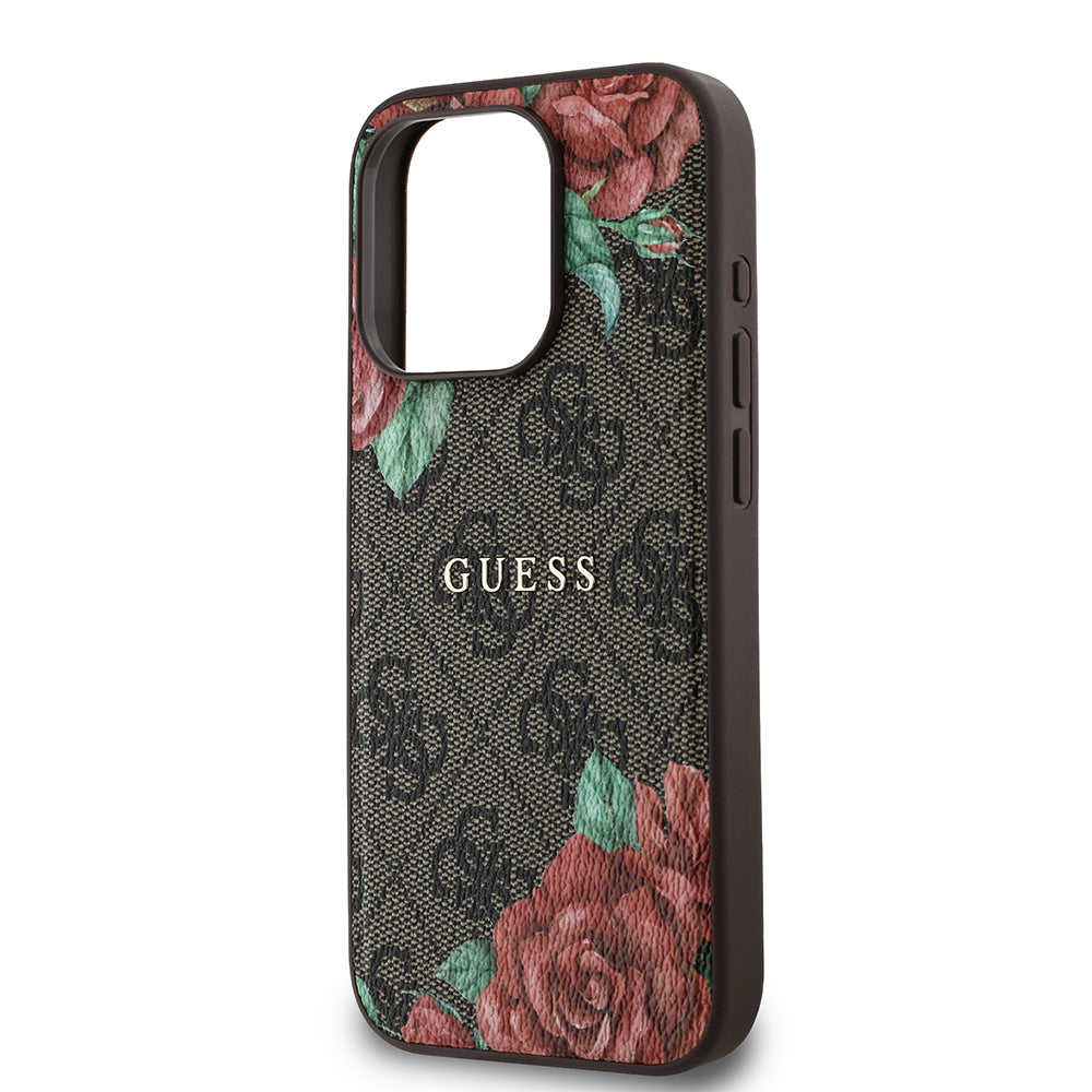 iPhone 15 Pro Max Kılıf Guess Orjinal Lisanslı M-safe Şarj Özellikli Gül Baskılı 4G Desenli Yazı Logolu Kılıf