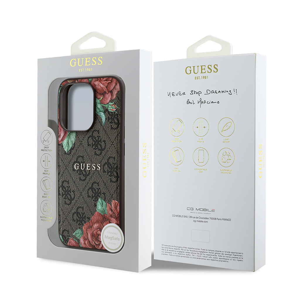 iPhone 15 Pro Max Kılıf Guess Orjinal Lisanslı M-safe Şarj Özellikli Gül Baskılı 4G Desenli Yazı Logolu Kılıf
