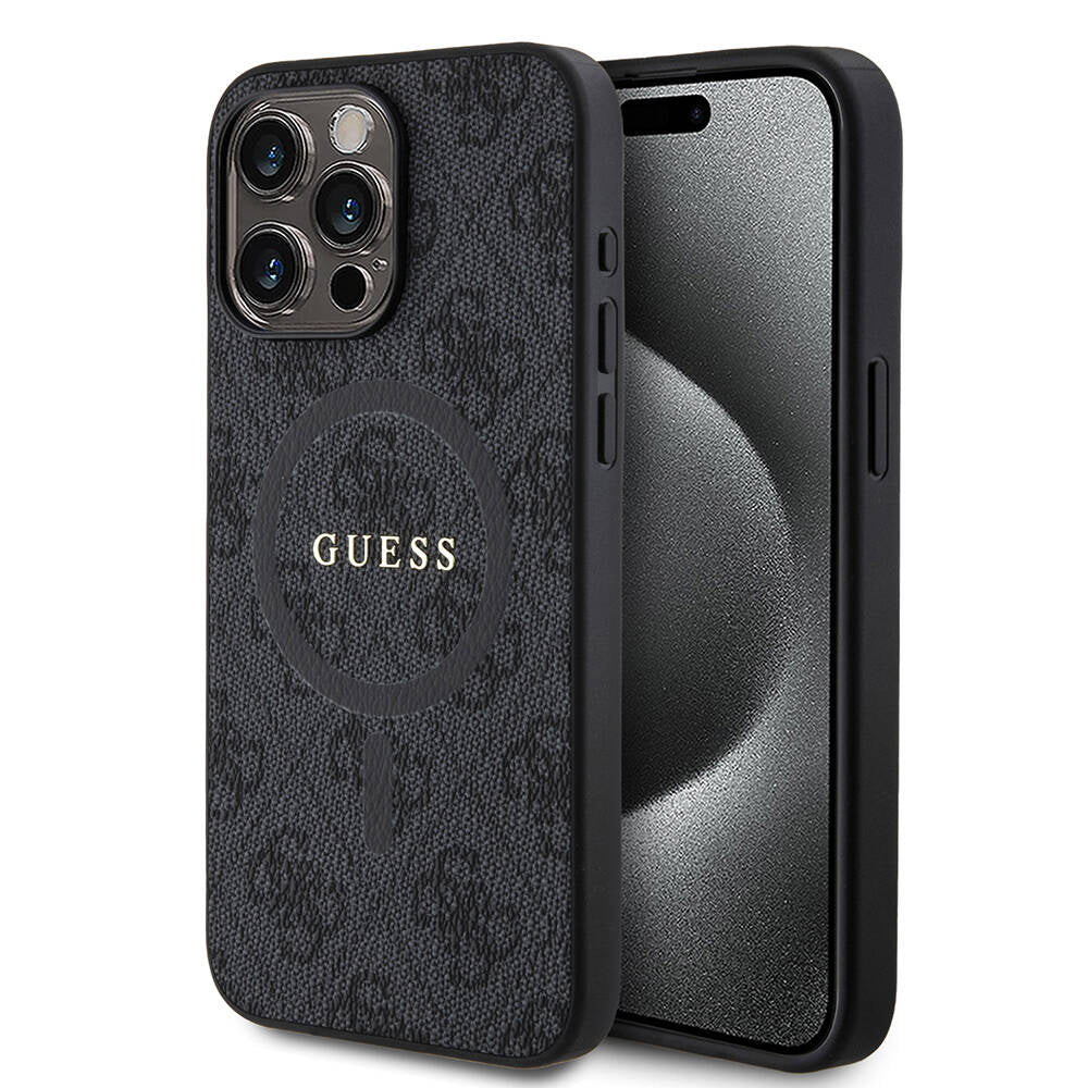 Apple iPhone 15 Pro Max Kılıf Guess Orjinal Lisanslı Magsafe Şarj Özellikli PU Halkalı 4G Desenli Yazı Logolu Kapak Pembe