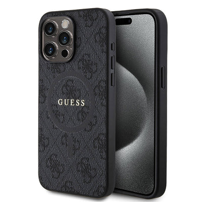 Apple iPhone 15 Pro Max Kılıf Guess Orjinal Lisanslı Magsafe Şarj Özellikli PU Halkalı 4G Desenli Yazı Logolu Kapak Pembe