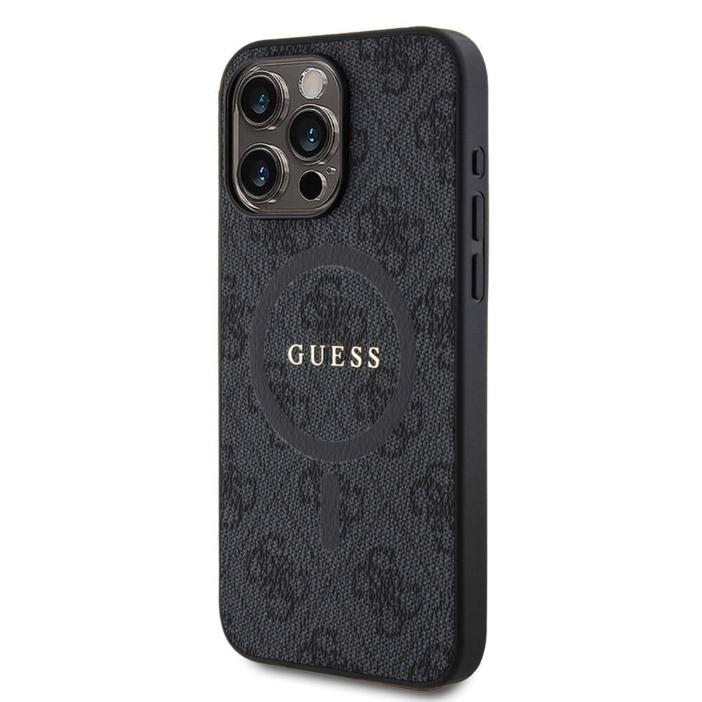 Apple iPhone 15 Pro Max Kılıf Guess Orjinal Lisanslı Magsafe Şarj Özellikli PU Halkalı 4G Desenli Yazı Logolu Kapak Kahverengi