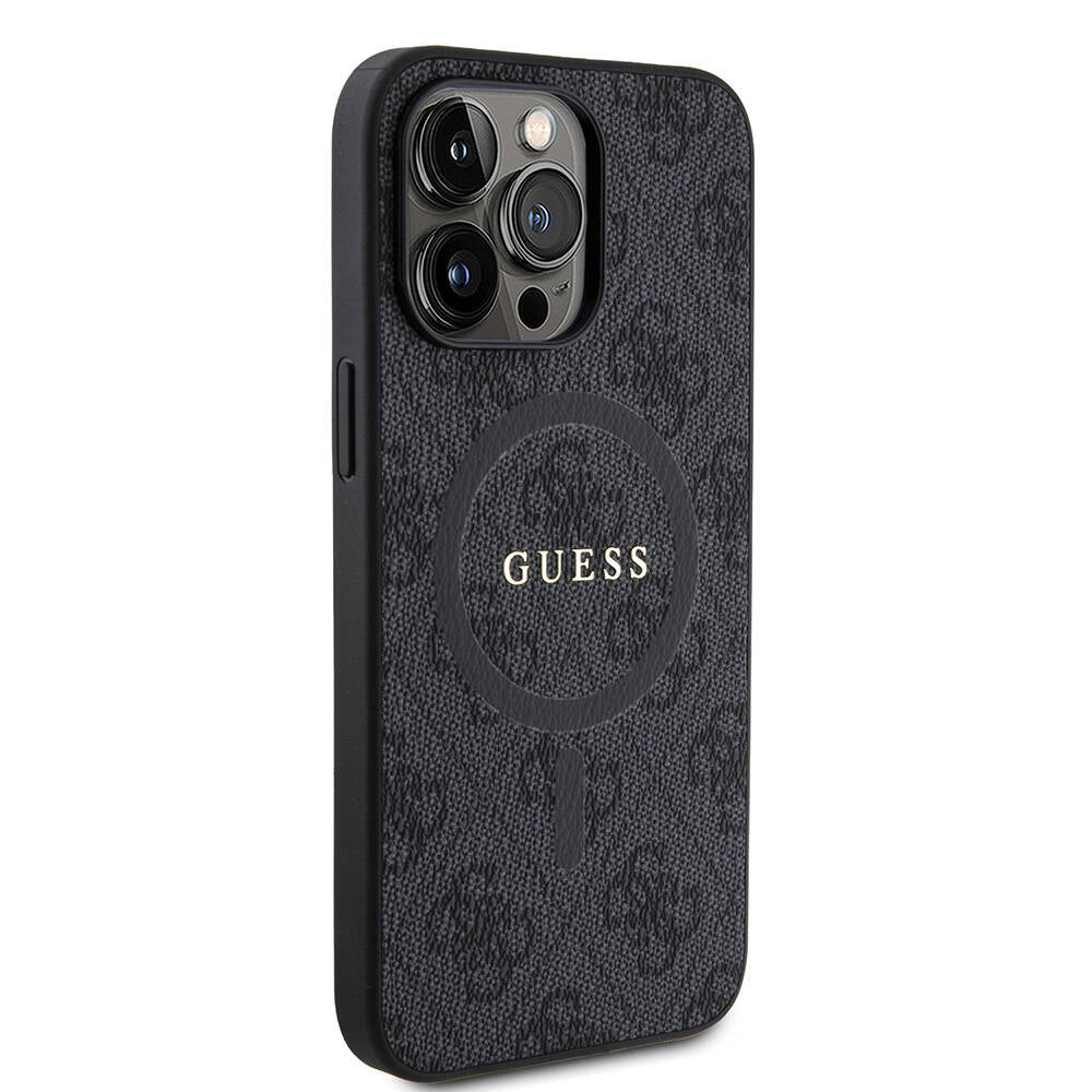 Apple iPhone 15 Pro Max Kılıf Guess Orjinal Lisanslı Magsafe Şarj Özellikli PU Halkalı 4G Desenli Yazı Logolu Kapak Kahverengi
