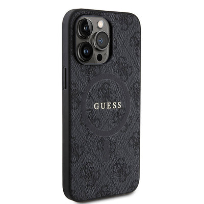Apple iPhone 15 Pro Max Kılıf Guess Orjinal Lisanslı Magsafe Şarj Özellikli PU Halkalı 4G Desenli Yazı Logolu Kapak Kahverengi
