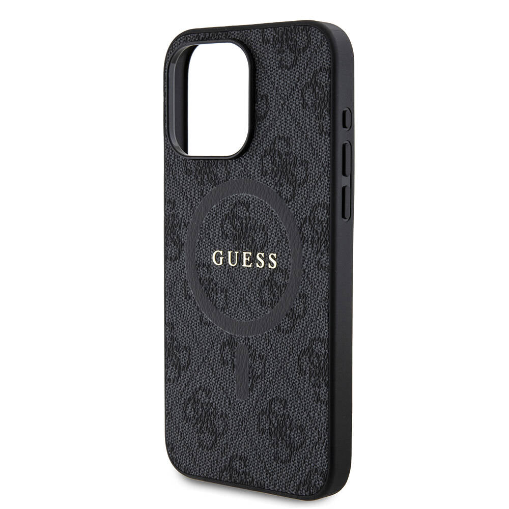 Apple iPhone 15 Pro Max Kılıf Guess Orjinal Lisanslı Magsafe Şarj Özellikli PU Halkalı 4G Desenli Yazı Logolu Kapak Kahverengi