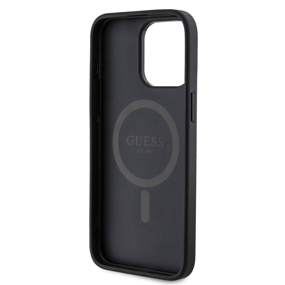 Apple iPhone 15 Pro Max Kılıf Guess Orjinal Lisanslı Magsafe Şarj Özellikli PU Halkalı 4G Desenli Yazı Logolu Kapak Kahverengi