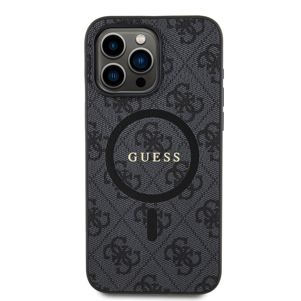 iPhone 15 Pro Max Kılıf Guess Orjinal Lisanslı M-safe Şarj Özellikli PU Halkalı 4G Desenli Yazı Logolu Kılıf
