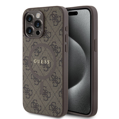 Apple iPhone 15 Pro Max Kılıf Guess Orjinal Lisanslı Magsafe Şarj Özellikli PU Halkalı 4G Desenli Yazı Logolu Kapak Kahverengi