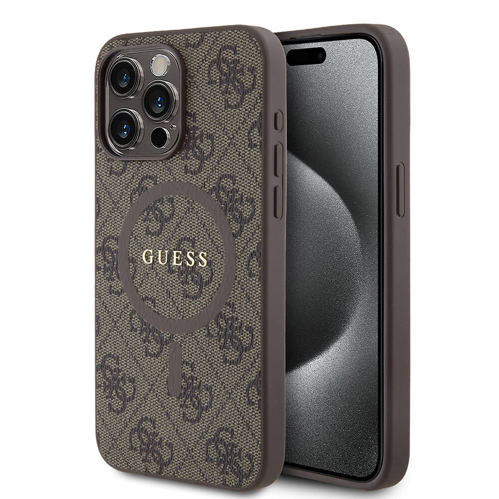Apple iPhone 15 Pro Max Kılıf Guess Orjinal Lisanslı Magsafe Şarj Özellikli PU Halkalı 4G Desenli Yazı Logolu Kapak Pembe