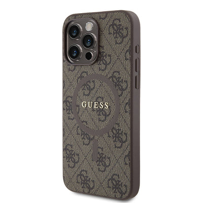 Apple iPhone 15 Pro Max Kılıf Guess Orjinal Lisanslı Magsafe Şarj Özellikli PU Halkalı 4G Desenli Yazı Logolu Kapak Kahverengi
