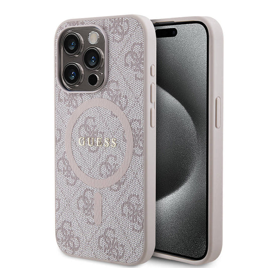 iPhone 15 Pro Max Kılıf Guess Orjinal Lisanslı M-safe Şarj Özellikli PU Halkalı 4G Desenli Yazı Logolu Kılıf