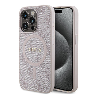 Apple iPhone 15 Pro Max Kılıf Guess Orjinal Lisanslı Magsafe Şarj Özellikli PU Halkalı 4G Desenli Yazı Logolu Kapak Pembe