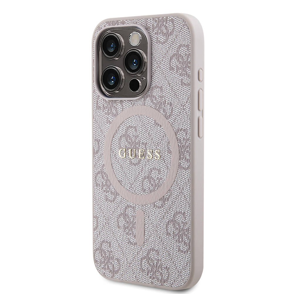 Apple iPhone 15 Pro Max Kılıf Guess Orjinal Lisanslı Magsafe Şarj Özellikli PU Halkalı 4G Desenli Yazı Logolu Kapak Kahverengi