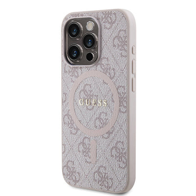 Apple iPhone 15 Pro Max Kılıf Guess Orjinal Lisanslı Magsafe Şarj Özellikli PU Halkalı 4G Desenli Yazı Logolu Kapak Kahverengi