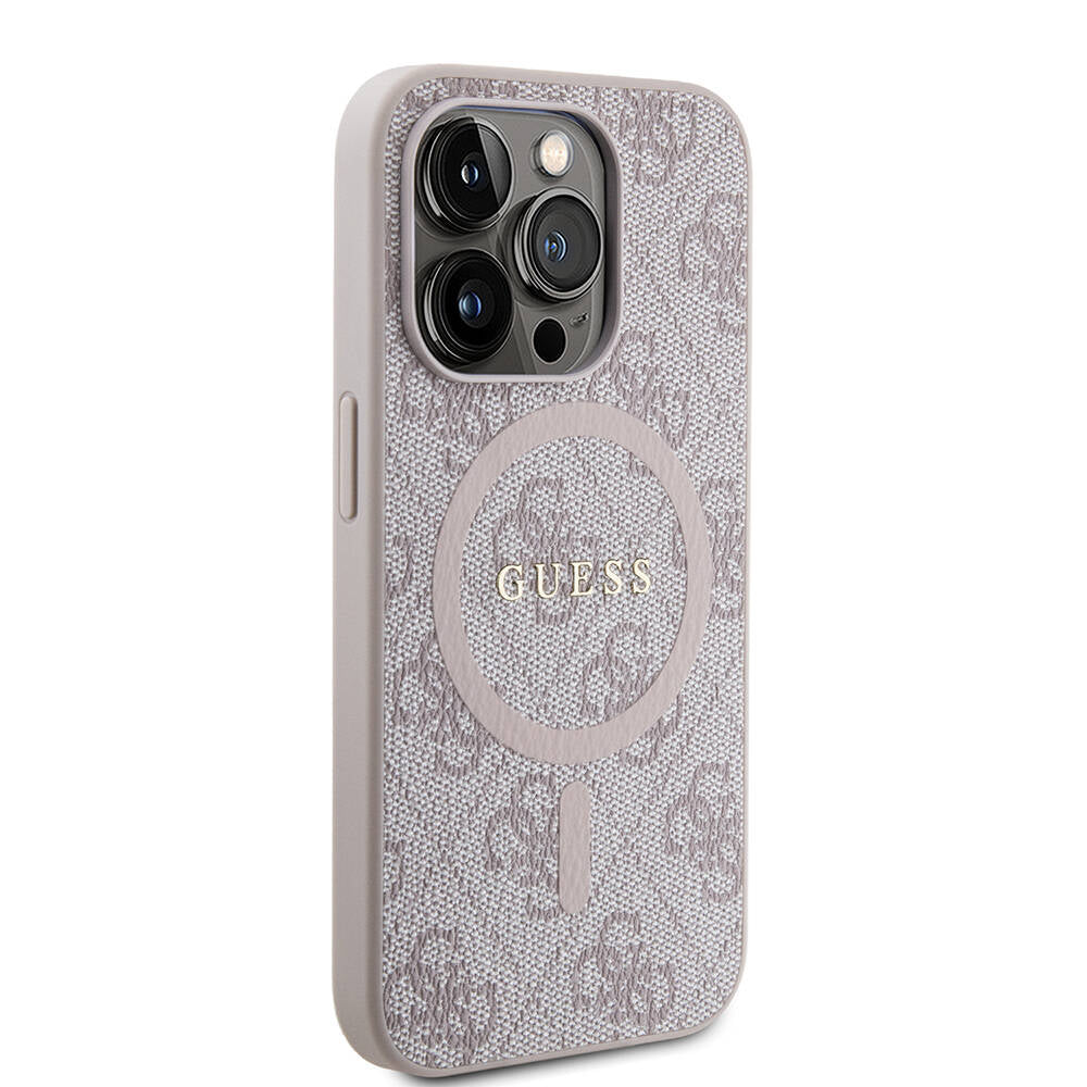 Apple iPhone 15 Pro Max Kılıf Guess Orjinal Lisanslı Magsafe Şarj Özellikli PU Halkalı 4G Desenli Yazı Logolu Kapak Kahverengi