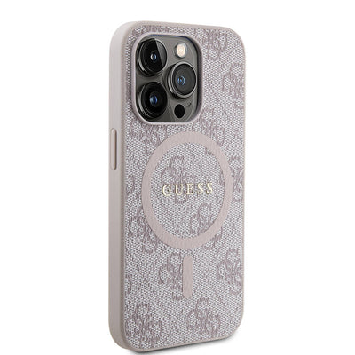 Apple iPhone 15 Pro Max Kılıf Guess Orjinal Lisanslı Magsafe Şarj Özellikli PU Halkalı 4G Desenli Yazı Logolu Kapak Pembe