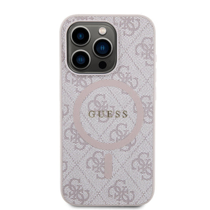 iPhone 15 Pro Max Kılıf Guess Orjinal Lisanslı M-safe Şarj Özellikli PU Halkalı 4G Desenli Yazı Logolu Kılıf