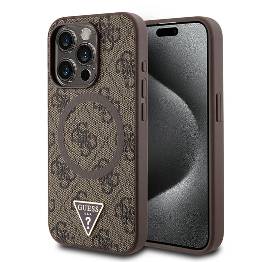 iPhone 15 Pro Max Kılıf Guess Orjinal Lisanslı M-safe Şarj Özellikli PU Üçgen Logo 4G Desenli Kılıf