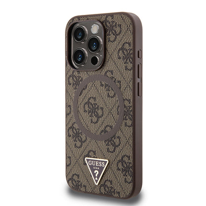 iPhone 15 Pro Max Kılıf Guess Orjinal Lisanslı M-safe Şarj Özellikli PU Üçgen Logo 4G Desenli Kılıf
