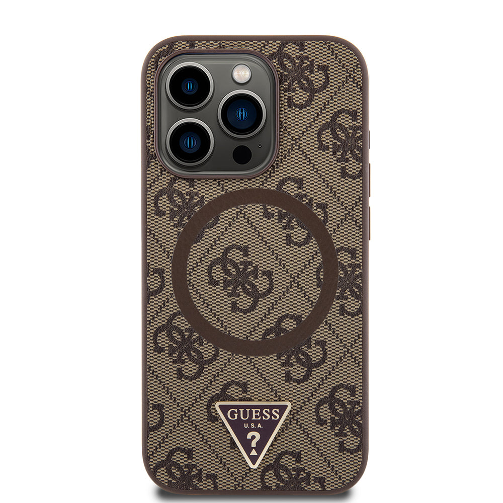 iPhone 15 Pro Max Kılıf Guess Orjinal Lisanslı M-safe Şarj Özellikli PU Üçgen Logo 4G Desenli Kılıf