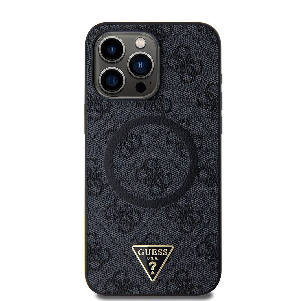 iPhone 15 Pro Max Kılıf Guess Orjinal Lisanslı M-safe Şarj Özellikli PU Üçgen Logo 4G Desenli Kılıf